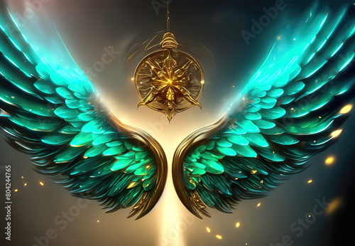 Angelic abstract motif in emerald and gold color. Background colors with healing emerald and Archangel Raphael wings and golden altar star.