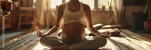 Pregnant woman practicing yoga in a vibrant home setting. Fitness and health focused.