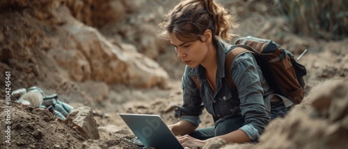 Great archaeologist doing research using a laptop, examining fossil remains, ancient civilization artifacts. A team of historians works on excavation sites.
