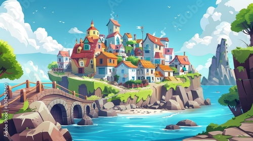 An illustration of a little city with multistorey buildings on cliffs or rocky beaches in a harbor. Modern summer sunny day illustration of a natural landscape with a wooden bridge leading to a