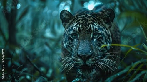 A black panther stares at you from the darkness of the jungle