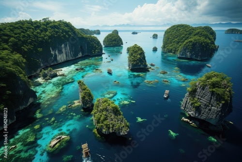 Landscape of Palau. Tropical landscape with forested mountains, azure ocean and blue sky. White clouds. Paradise Island. Sunny day.