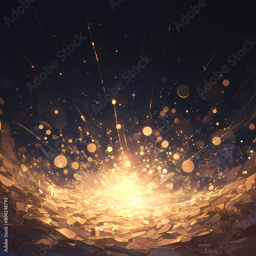 A stunning display of fiery gold particles set ablaze against a backdrop of ethereal cosmic dust and stars.