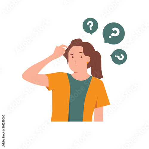 Confused woman worry with uncertain feeling doubtful decision, Thinking with serious thoughtful expression, question mark, dilemma, undecided concept illustration