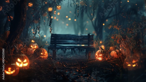 A sinister forest glows with the malevolent light of Jack O' Lanterns, casting eerie shadows around a lone wooden bench, creating a scene straight out of a Halloween nightmare.