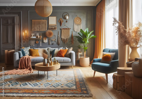 Wohnraum mit Sofa, Dekoration und Bilderrahmen an einer blaugrauen Wand, copy space, mock-up