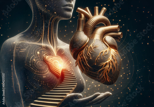 Schema / Konzept, eine Treppe in einem menschlichen Körper zu einem goldenen, glühenden Herzen