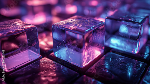 Ultra Wide Angle Lens View of Hyper Realistic 3D Glass Blocks in Blue and Purple with Dramatic Lighting on Dark Background