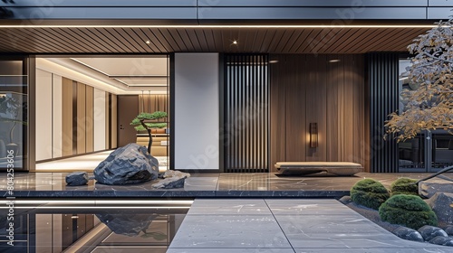A sleek home with an entrance featuring a vertical sliding door and a zen rock sculpture