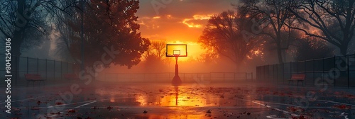 A basketball court at sunrise, with the hoop and backboard silhouetted.