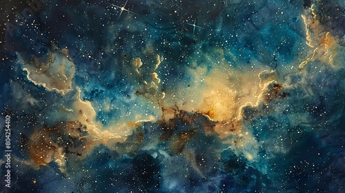 Bring to life a celestial masterpiece with a watercolor depiction of space, embellished with shimmering stars and the alluring Taurus constellation, elegantly portrayed on textured watercolor paper