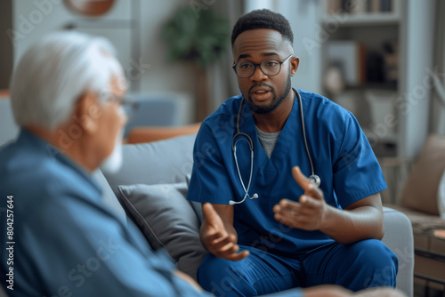 Compassionate Young Male Doctor in Blue Scrubs Engaged in a Home Visit with Senior Patient