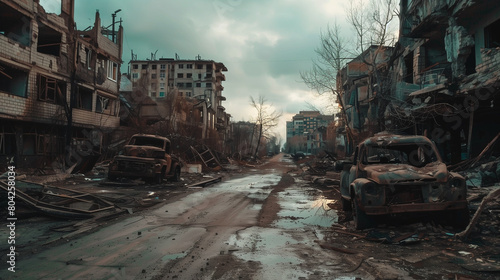 destroyed city street with debris of building and cars, post apocalyptic ruined city