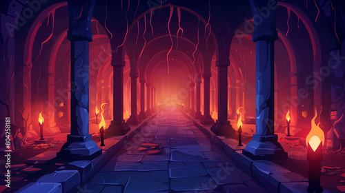 Cartoon illustration of Medieval castle underground endless long catacombs corridor with stone arch and pillars torches, Mystical nightmare concept