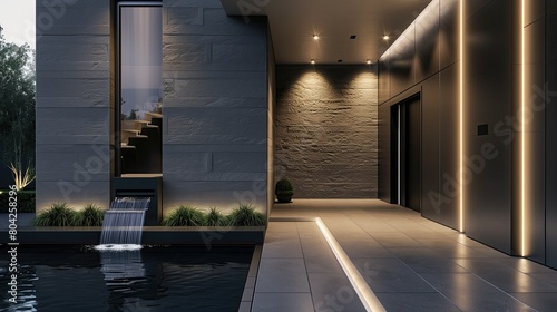 A sleek modern home entrance with a water feature and recessed lighting