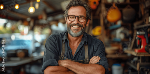 Confident Car Mechanic Smiling in Workshop Setting