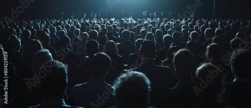 Hundreds of corporate attendees watch an innovative and inspiring keynote presentation in a dark conference hall.