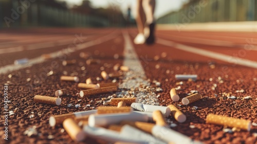 Cigarette butts strewn on a running track, a reminder of the smoking dilemma