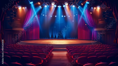 A stage with a red curtain and blue lights