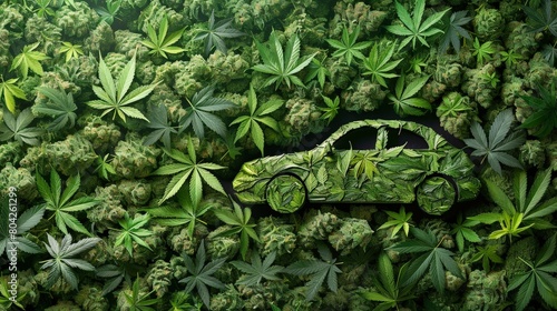 A car is parked in the midst of a dense growth of marijuana plants in an outdoor setting