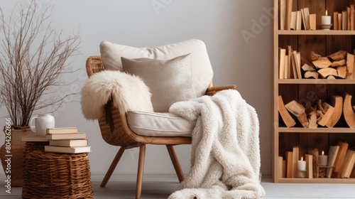 Designing a plush reading nook with soft cushions and warm throws. In the spirit of hygge. Copy space.