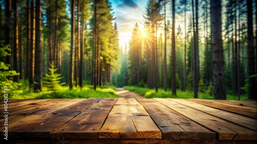 Beautiful blurred boreal forest background view with empty rustic wooden table for mockup product display. Picnic table with customizable space on table-top for editing.
