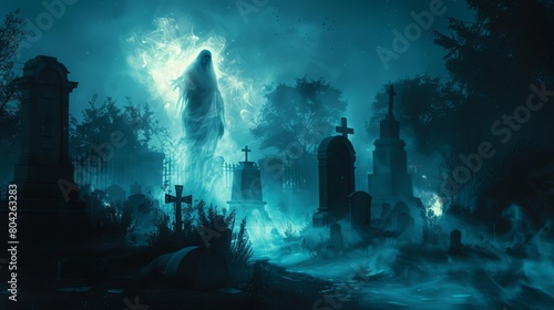 In the realm of the dead, where spirits roam free, a ghostly figure emerges from the mist