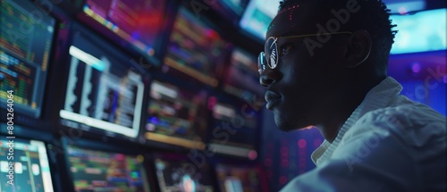 Photograph of a Black Male Programmer in a Monitoring Control Room. He is surrounded by big screens displaying programming language code.