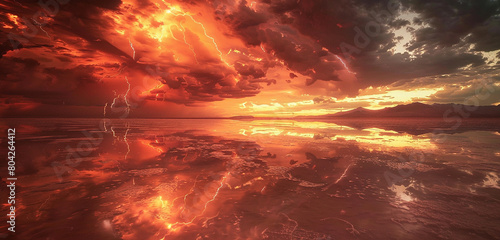 A surreal mirage of red lightning reflecting off the glassy surface of a desert salt flat, creating an otherworldly spectacle in the shimmering heat.