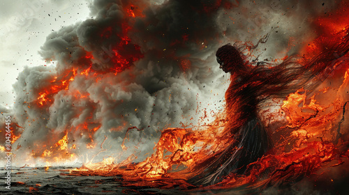 A woman made of fire stands in a volcanic landscape.