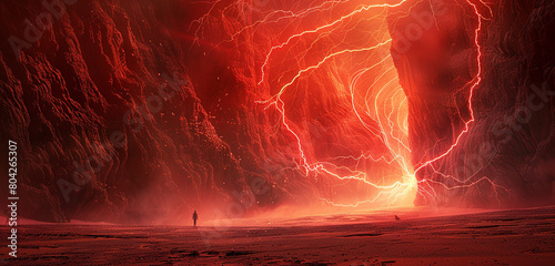 A surreal panorama of red electricity pulsating beneath the surface of a desert sinkhole, casting a haunting glow on the cavern walls.