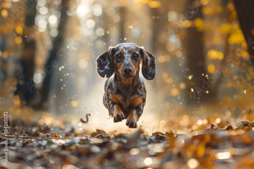 brown merle dachshund purebred dog running and walking in autumn park. Veterinary clinic, grooming salon, pet shop ad with copy space.