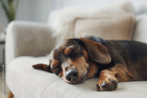 brown merle dachshund dog sleeping on couch in white minimal interior apartment. Cozy home with pets concept. 