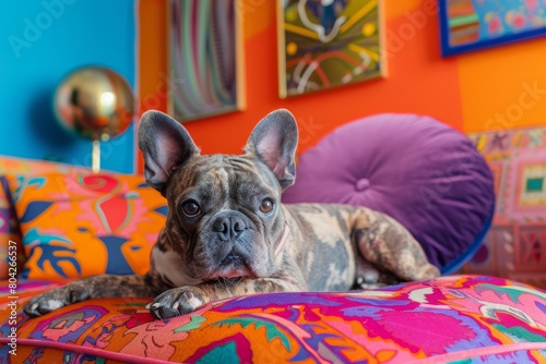 brown merle French bulldog dog purebred at vibrant colorful maximalist home apartment interior on the couch in living room