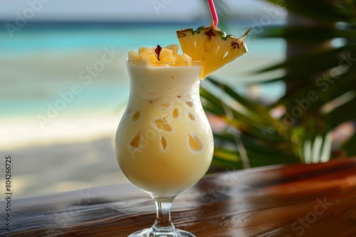 pina colada cocktail with coconut, rum and pineapple at the beach bar. Summer vacation drink.