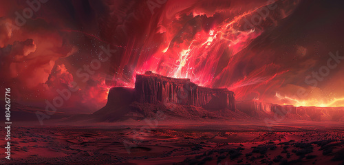 An ethereal crimson mist swirling around a lone desert mesa, illuminated from within by pulsating tendrils of electrified energy.