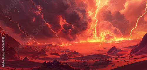 Crimson bolts of lightning streaking across the heavens, casting a fiery glow on the wind-sculpted dunes of an ancient desert.