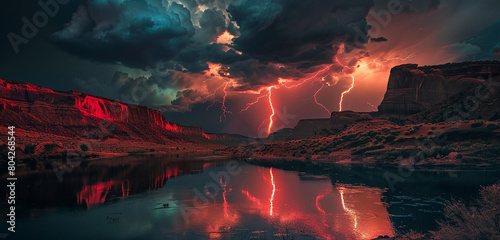 Fiery bolts of red lightning streaking across the heavens above a remote desert oasis, casting a surreal glow on the tranquil waters below.