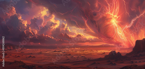 Fiery tendrils of red lightning weaving through the air above a desolate desert plain, their vibrant glow illuminating the barren landscape below.