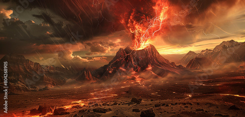Fiery tendrils of red electricity erupting from the mouth of a dormant volcano in the heart of the desert, casting an ominous glow on the surrounding wasteland.