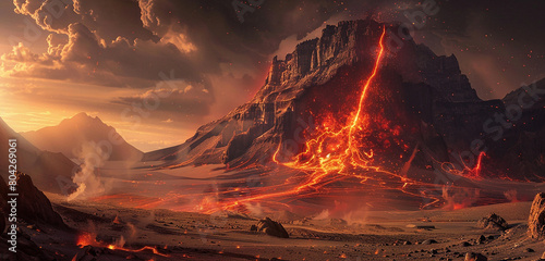Fiery tendrils of red electricity erupting from the mouth of a dormant volcano in the heart of the desert, casting an ominous glow on the surrounding wasteland.