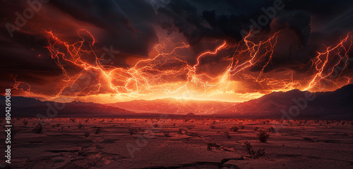 Fiery tendrils of red lightning weaving through the air above a desolate desert plain, their vibrant glow illuminating the barren landscape below.