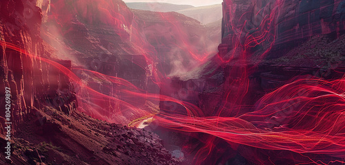 Scarlet tendrils of energy snaking their way through the air above a remote desert canyon, casting an eerie glow on the rugged terrain below.