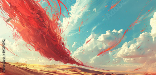 Scarlet tendrils of energy dancing atop a dune in a vast, empty expanse, casting a surreal glow against the translucent sky.