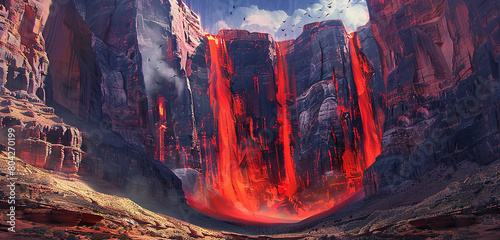 Scarlet tendrils of energy cascading down the face of a towering desert cliff, casting an eerie glow on the rugged terrain below.