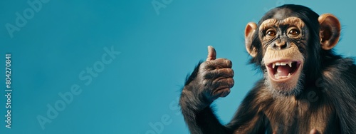 Funny wild zoo animal banner - Happy laughing monkey, chimpanzee, giving a thumbs up, paw up, isolated on blue background