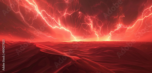 Vivid arcs of red electricity crackling across the desert sky, casting a mesmerizing glow on the wind-carved dunes below.