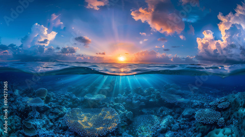 Breathtaking panoramic split view of sunset over the ocean horizon with underwater coral scenery