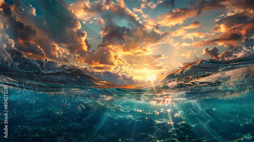 Golden hues of sunset captured beneath the waves, creating an otherworldly underwater landscape