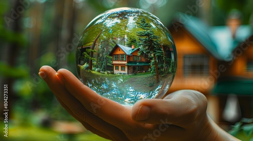 Dream house inside galls crystal ball held in palm on green summer forest backgorund.